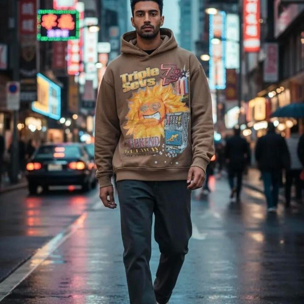 Triple Sevens Hoodie Brown Size M Graphic Streetwear Weekend Getaway